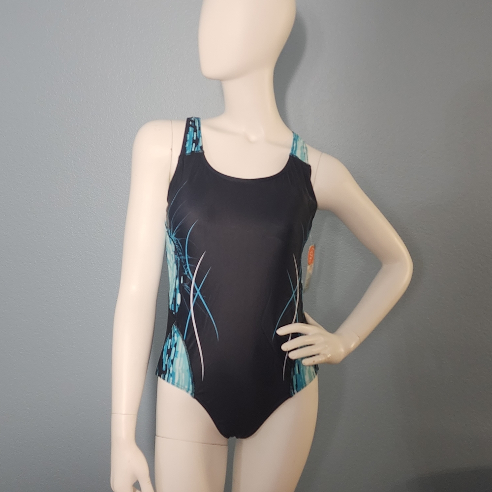 Elegant Black and Blue One-Piece Swimsuit